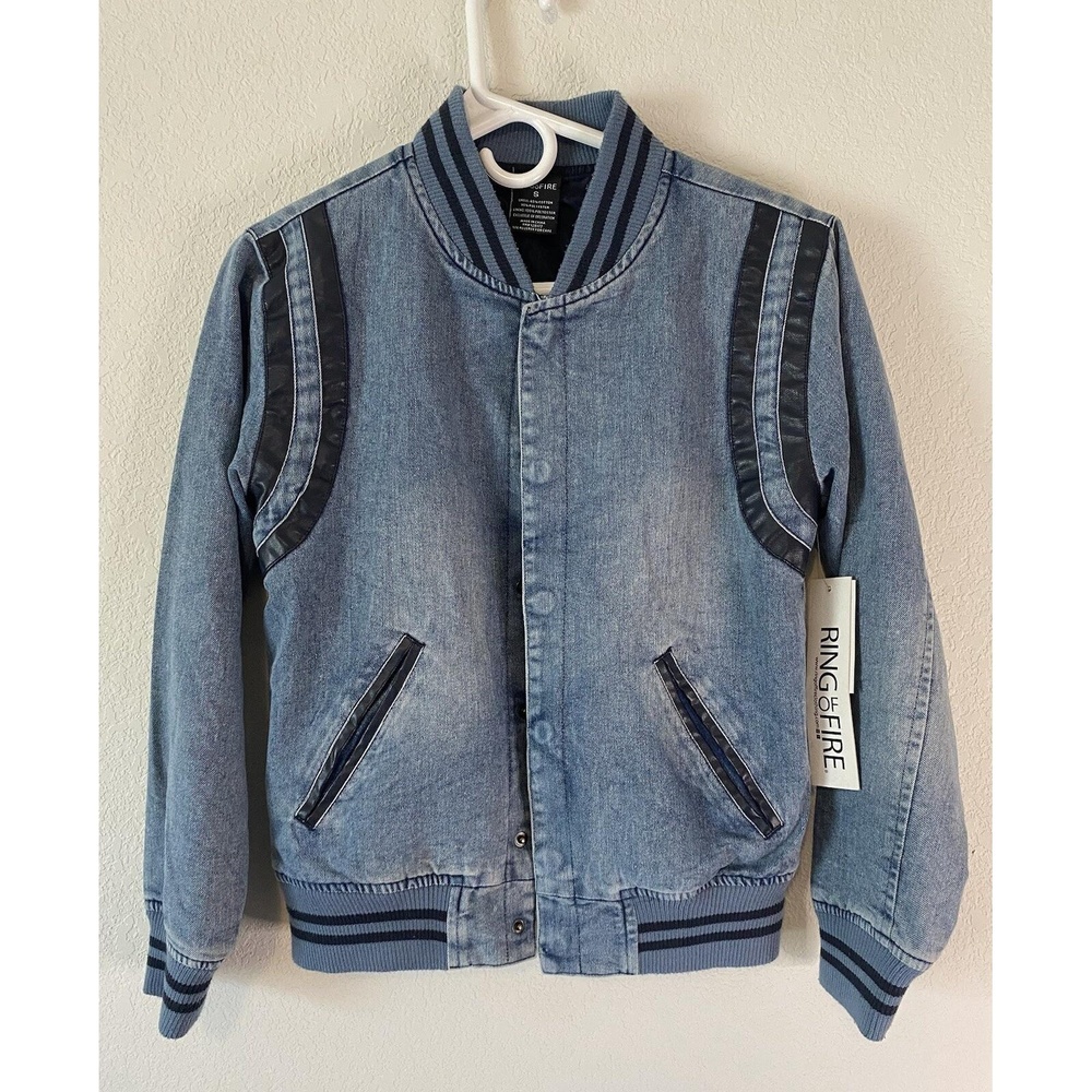 Ring of Fire Chill Denim Varsity Jacket Blue Jean w/ Black Stripes